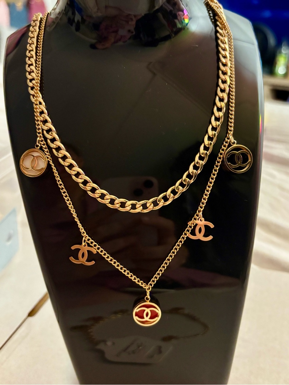NEW Gold-Tone Double Layer Logo Pendant Necklace -and bracelet Set
